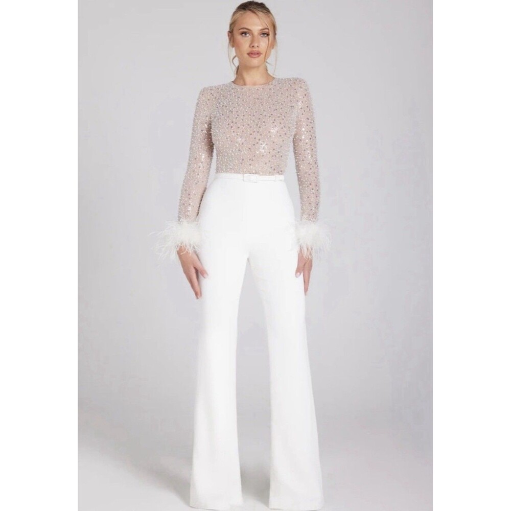 Nadine Merabi Amelia Sequin Flare White Jumpsuit Belted Women’s Size SM / US 6